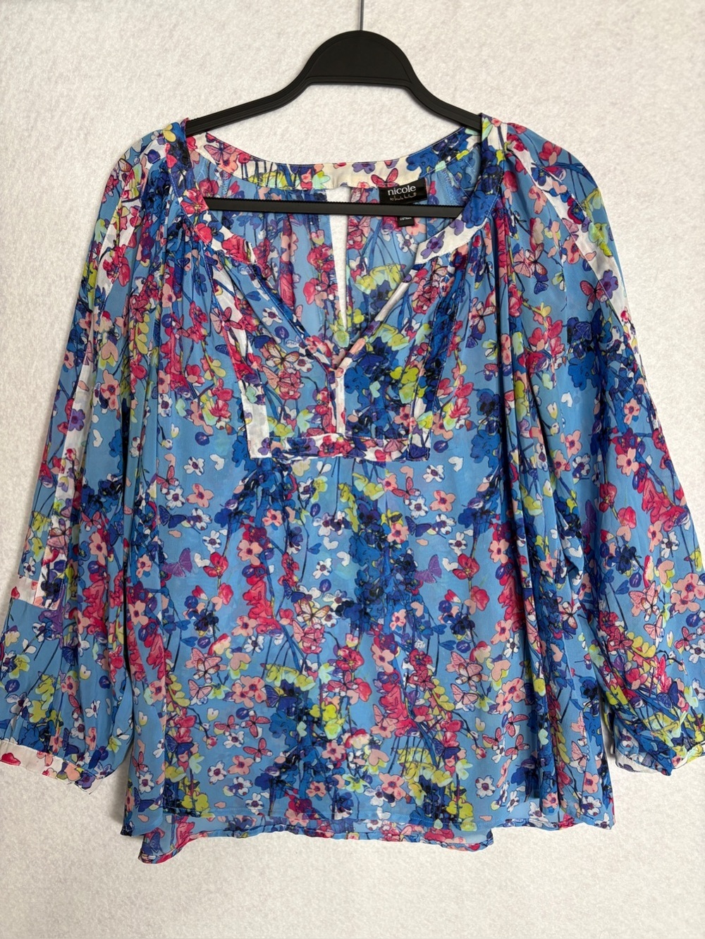 Nicole by Nicole Miller Blue Floral Sheer Peasant Blouse